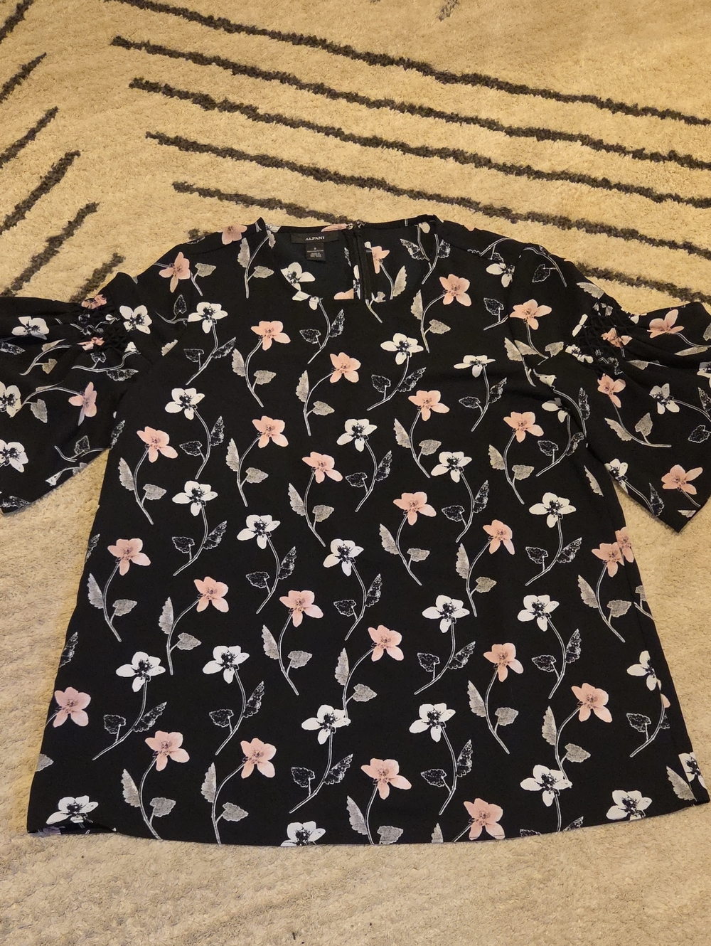 Alfani Black Floral V-Neck Blouse with Pink and White Flowers
